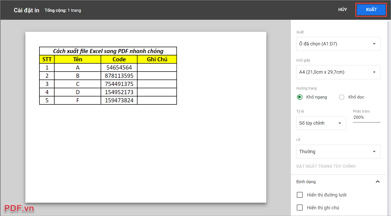 Chọn Xuất để tiến hành xuất file Excel sang PDF