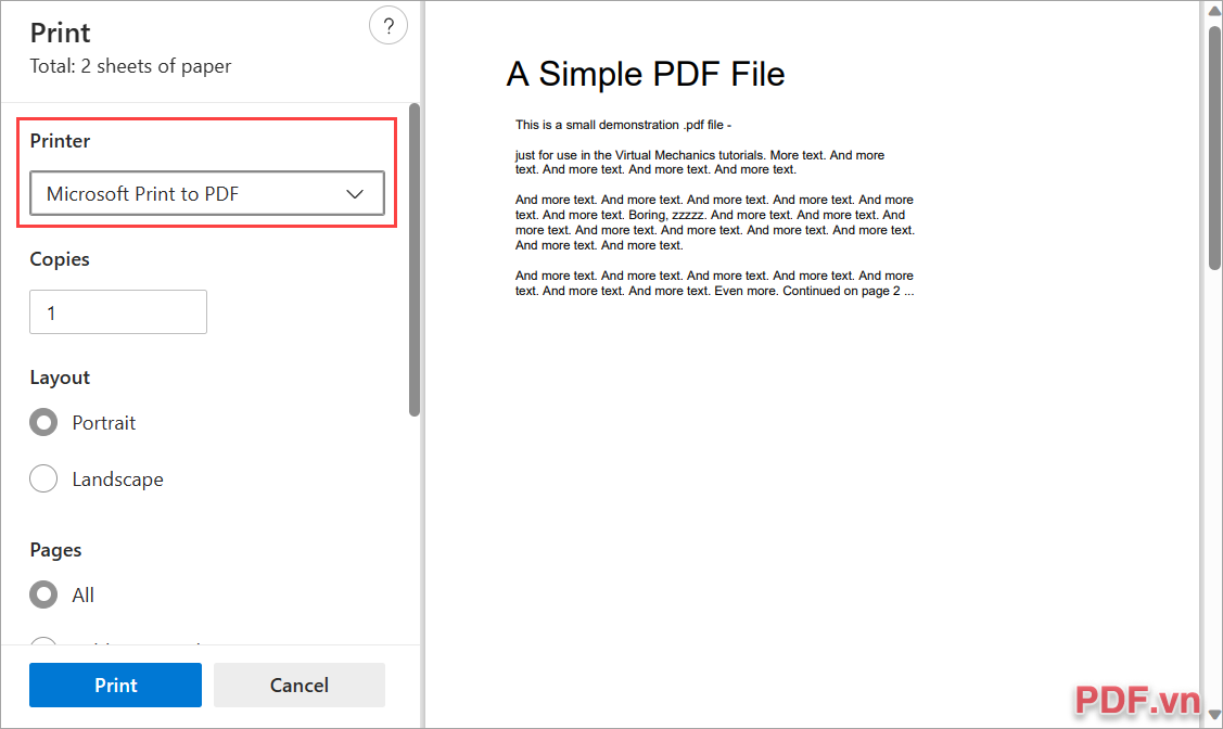 Chuyển Printer thành Microsoft Print to PDF để sử dụng máy in ảo