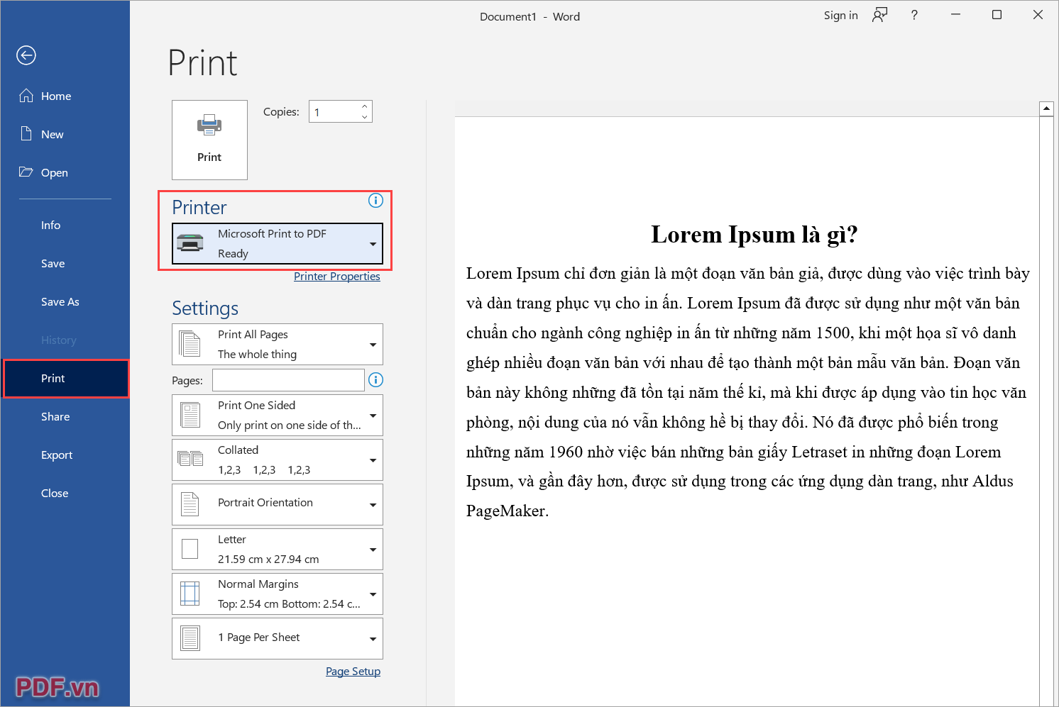 Nhấn Print để bắt đầu xuất bản file Word sang file PDF
