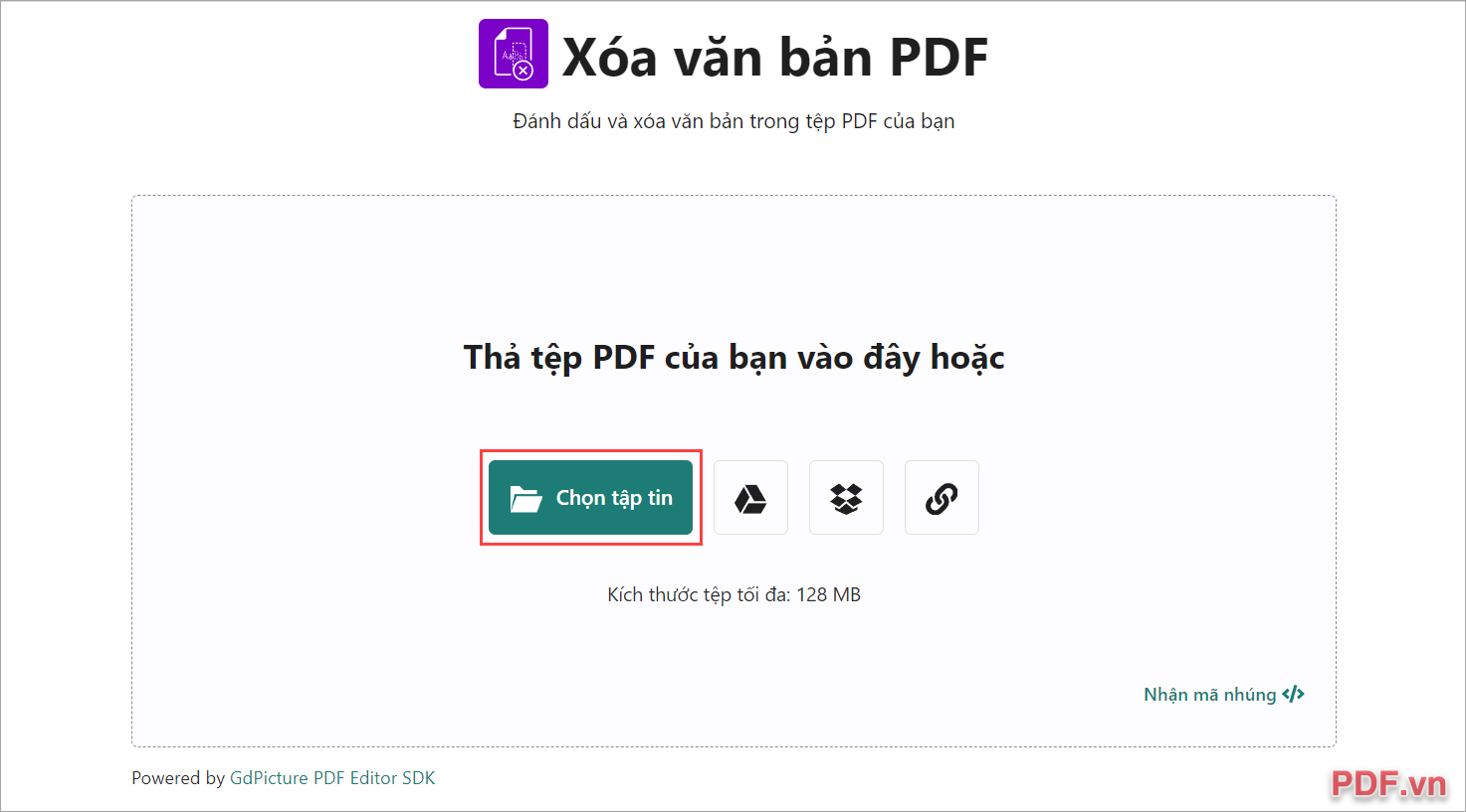 Truy cập trang chủ AVEpdf và nhấn vào Chọn tập tin để mở file PDF cần xóa chữ