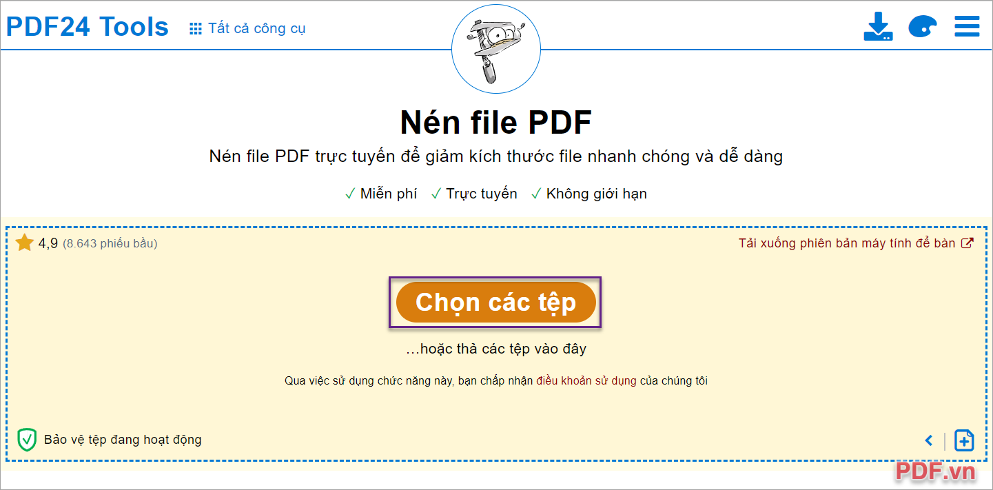 Truy cập trang chủ PDF24 Tools và click Chọn các tệp để thêm file PDF cần nén