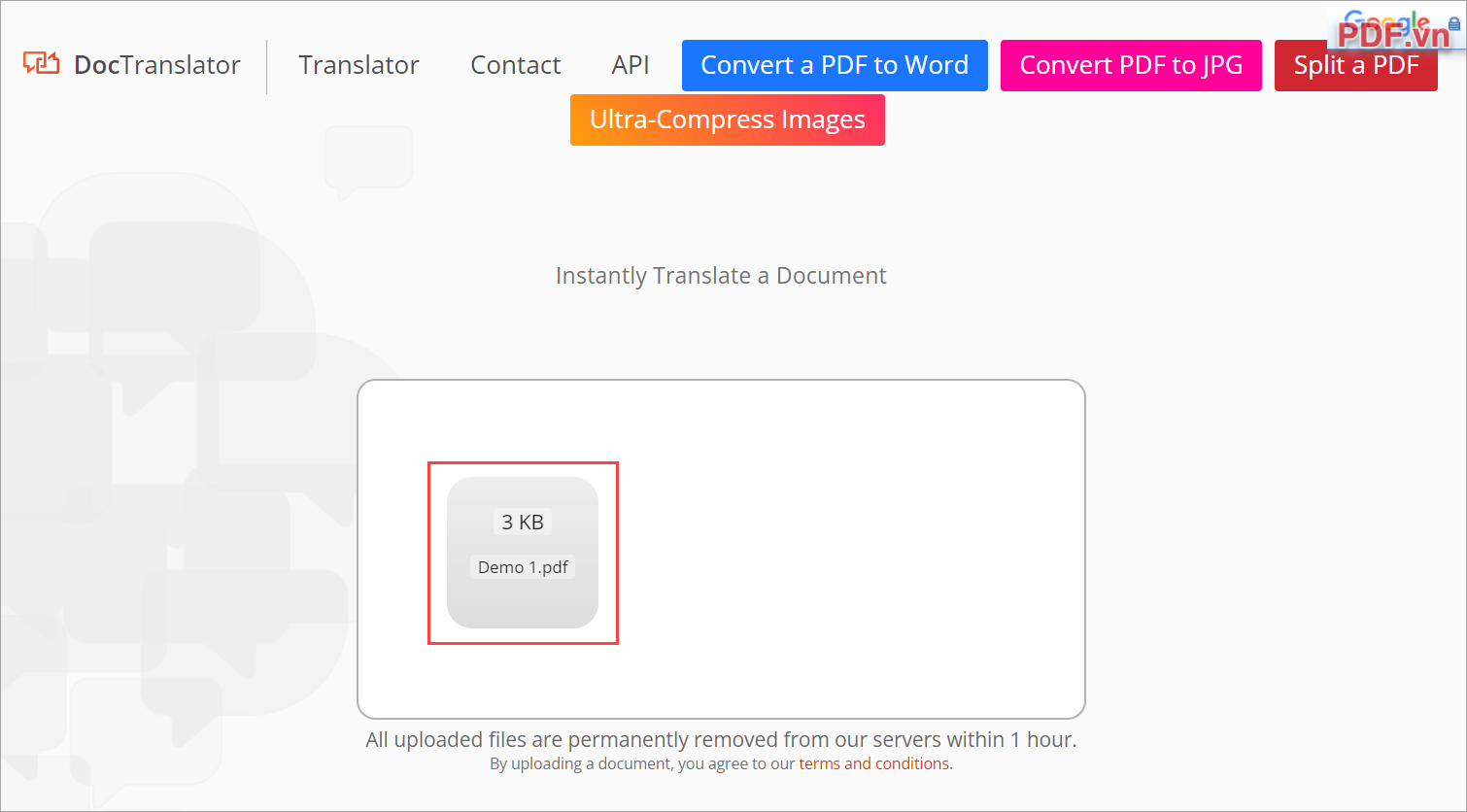 Chọn file PDF cần dịch trên máy tính để tải lên hệ thống dịch sang tiếng Việt