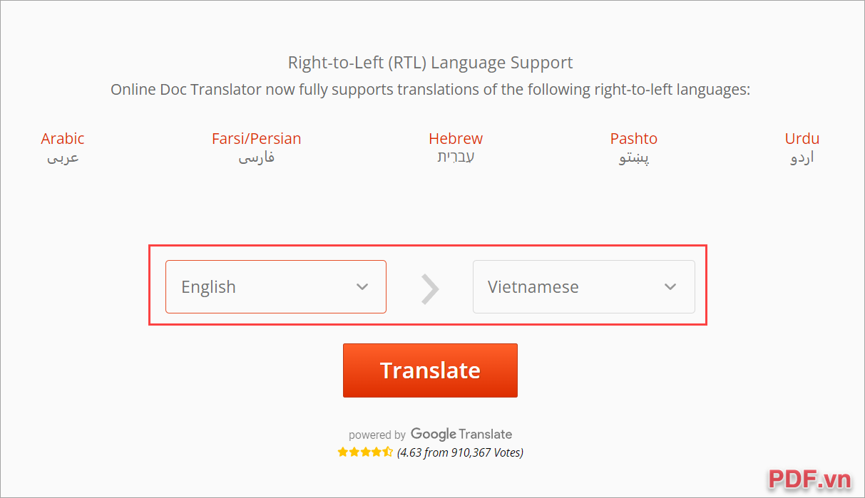 Chọn ngôn ngữ muốn dịch trên file PDF