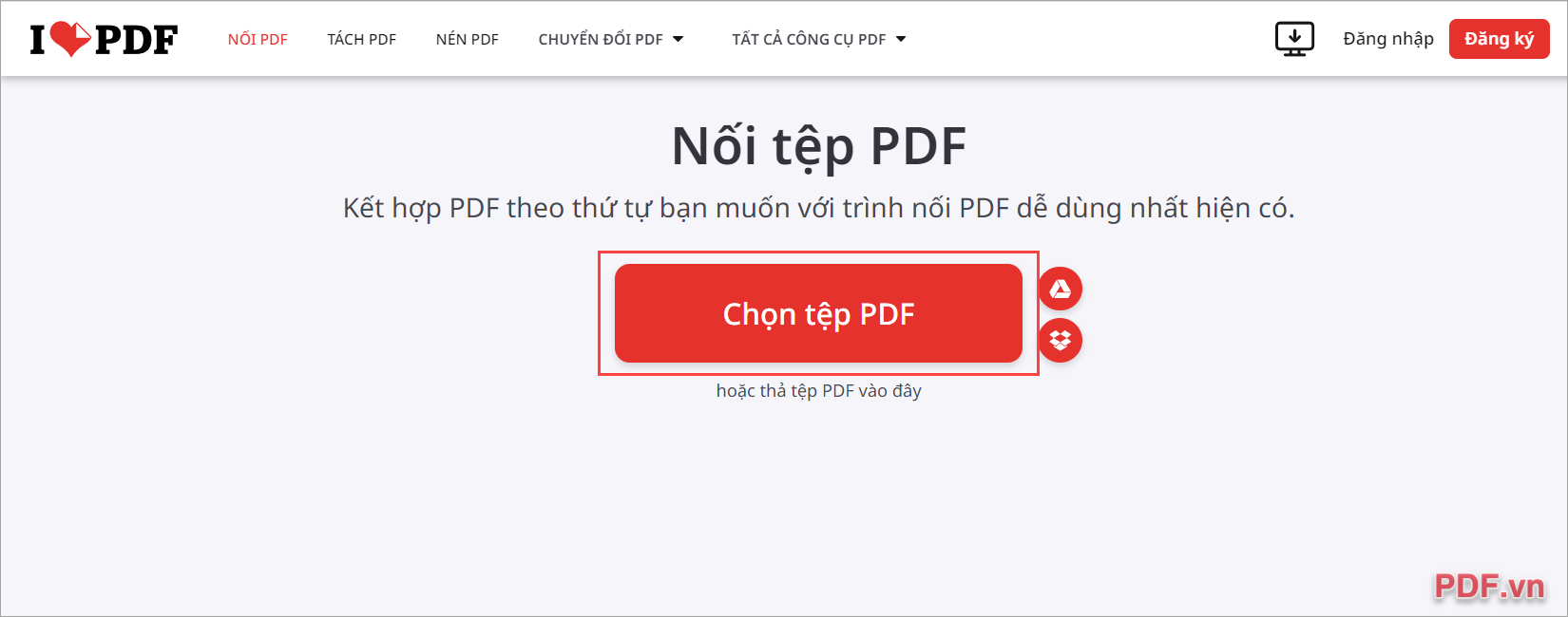 Nhấn Chọn tệp PDF để thêm file PDF gốc cần chèn thêm trang