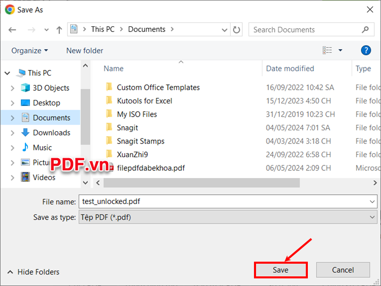 Chọn đến thư mục lưu file PDF đã được bẻ khóa, đổi tên file và chọn Save