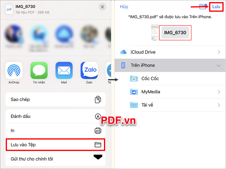 Chọn Lưu để lưu file PDF vào Tệp trong điện thoại