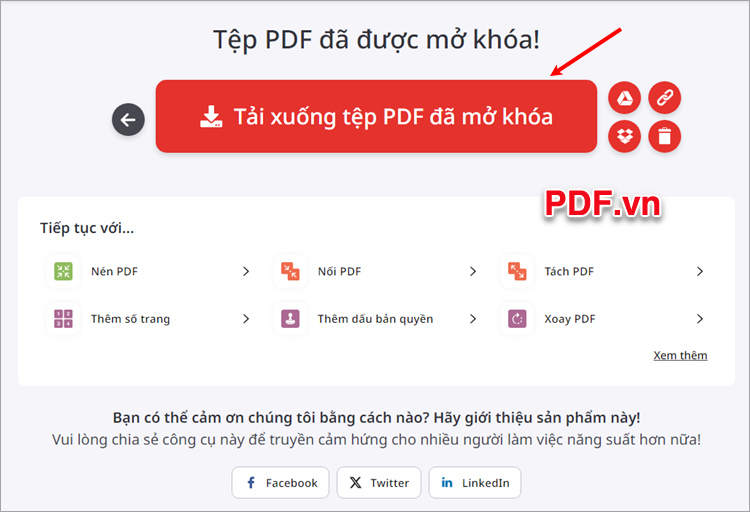 Chọn Tải xuống tệp PDF đã mở khóa và tải file PDF đã được bẻ khóa về máy