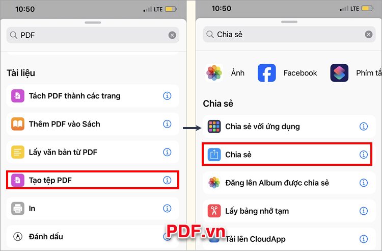 Chọn Tạo tệp PDF và nhấn Chia sẻ