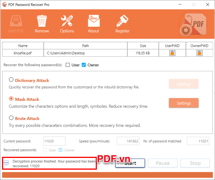 Đợi phần mềm tìm kiếm mật khẩu file PDF
