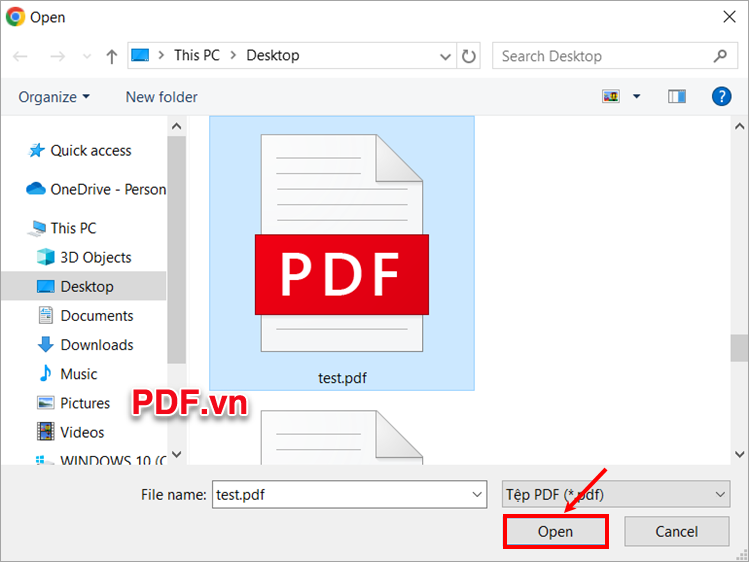Hiện cửa sổ Open chọn file PDF cần bẻ khóa và chọn Open để tải file PDF lên website