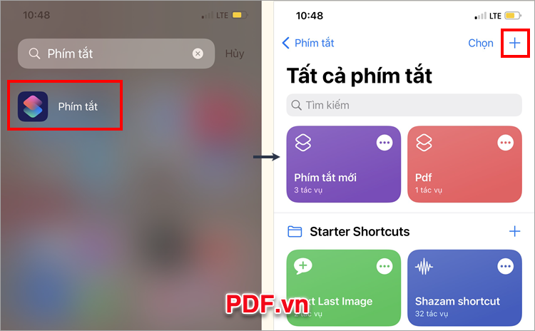 Mở ứng dụng Phím tắt trên iOS, tiếp theo chọn dấu cộng + để tạo phím tắt mới