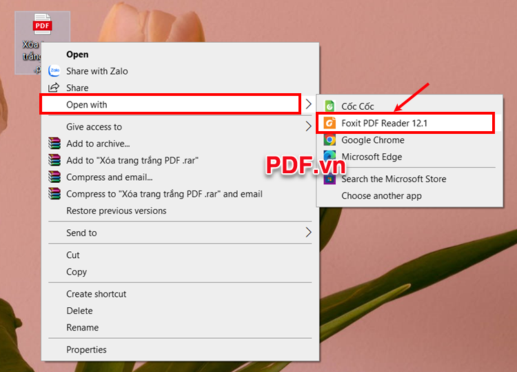 Nhấn chuột phải vào file PDF và chọn Open with - Foxit PDF Reader