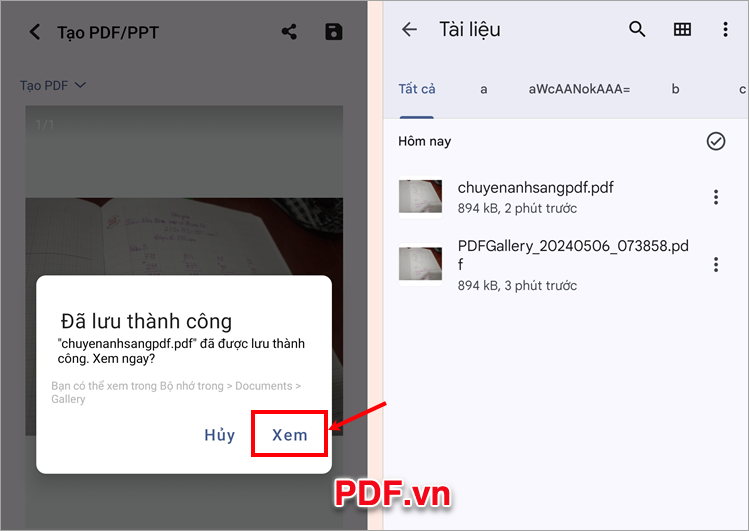 Thông báo lưu thành công, chọn Xem để xem file PDF đã tạo trong phần Tài liệu