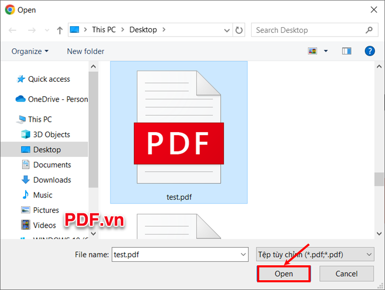 Xuất hiện cửa sổ Open, bạn chọn file PDF cần bẻ khóa và chọn Open