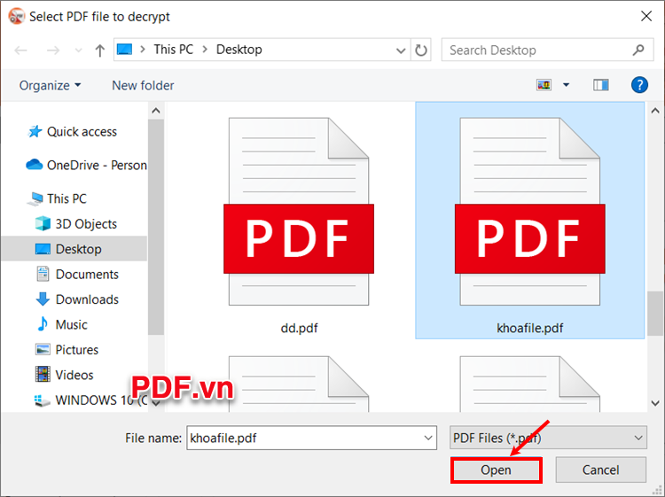 Xuất hiện cửa sổ Select PDF file to decrypt chọn file PDF cần bẻ khóa và nhấn Open