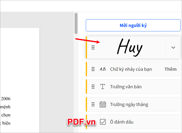 Bạn nhấn chọn vào chữ ký để thêm vào file PDF của mình