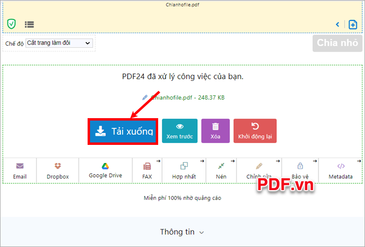 Chia nhỏ file PDF hoàn tất, bạn chọn Tải xuống để tải file zip về máy tính