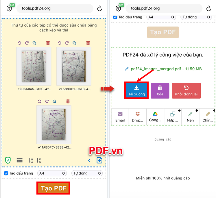 Chỉnh xong bạn chọn Tạo PDF, cuối cùng chọn Tải xuống để tải file PDF về điện thoại