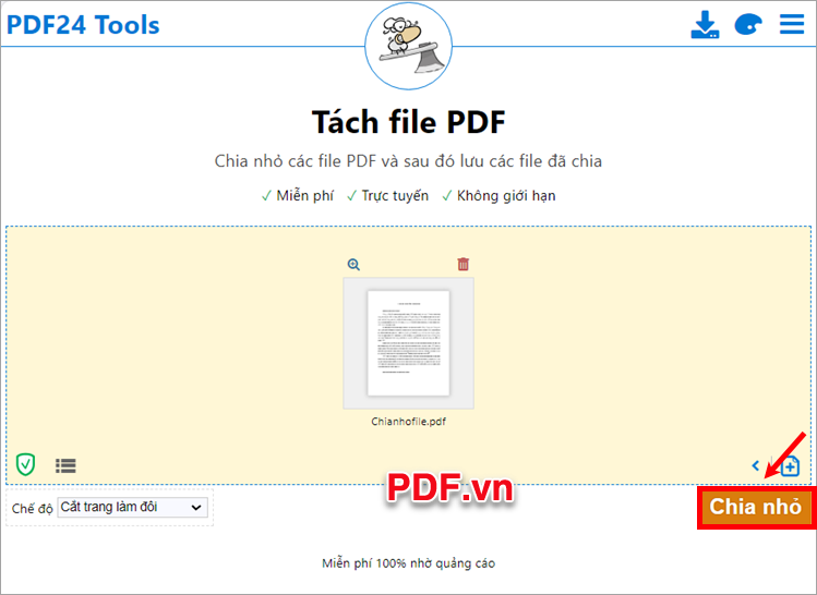 Chọn chế độ tách, bạn chọn Chia nhỏ để web bắt đầu chia nhỏ file PDF