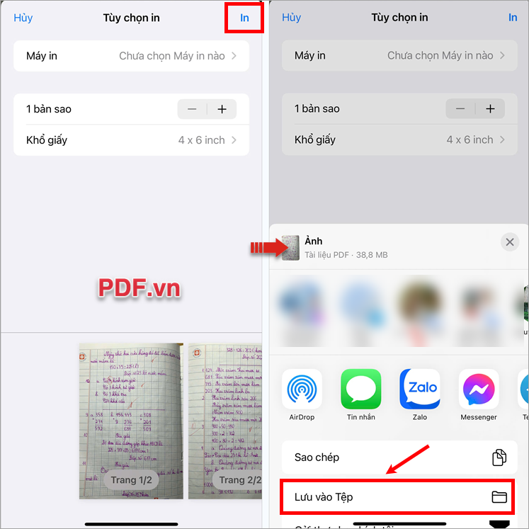 Chọn In, cuối cùng chọn Lưu vào Tệp để chuyển ảnh thành file PDF