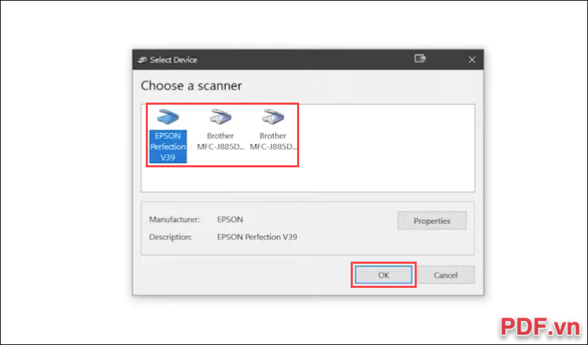 Chọn máy Scan đang được sử dụng để Scan tài liệu thành file PDF