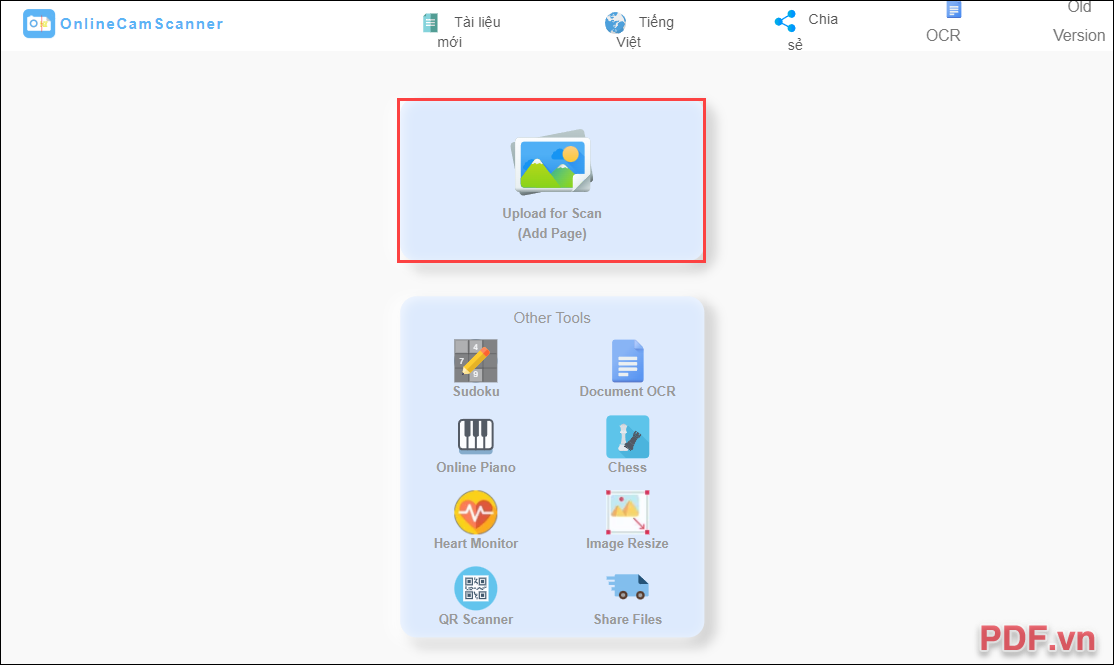 Chọn mục Upload for Scan để thêm hình ảnh cần Scan tài liệu thành PDF