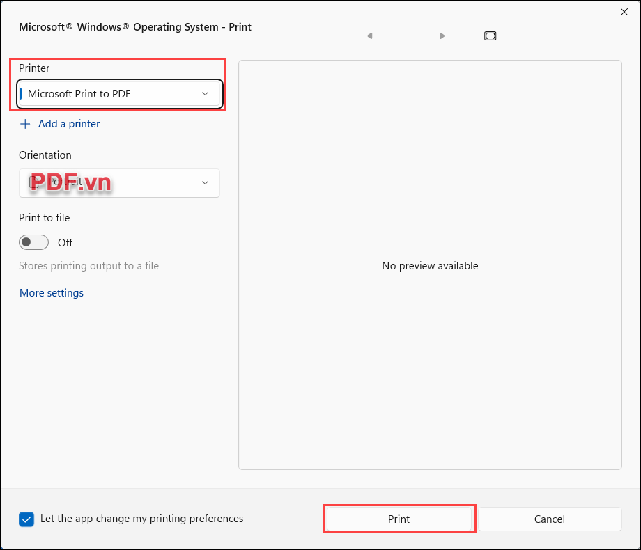 Chọn Printer – Microsoft Print to PDF và nhấn Print để xuất bản thành file PDF