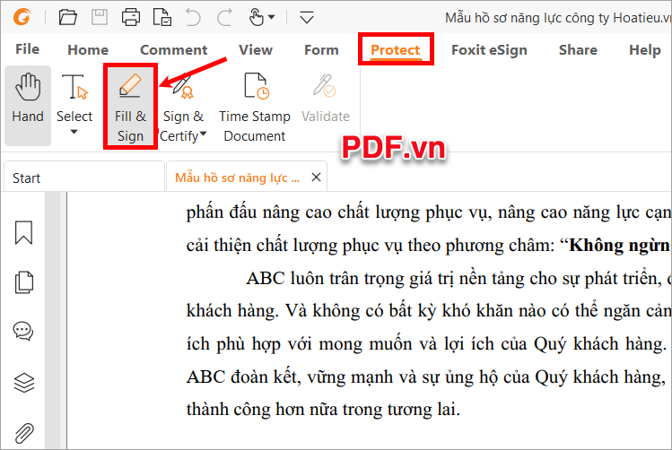 Chọn Protect → Fill & Sign (hoặc Home → Fill & Sign)