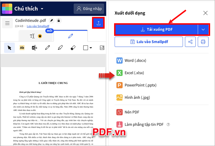 Chọn Tải xuống PDF để tải file PDF sau khi chỉnh sửa về điện thoại