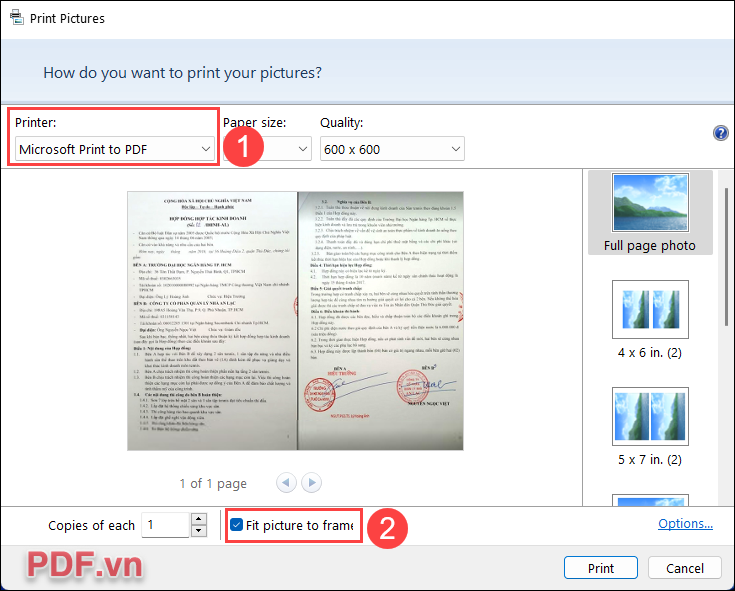 Cửa sổ Print Pictures xuất hiện thì bạn thiết lập các mục như sau