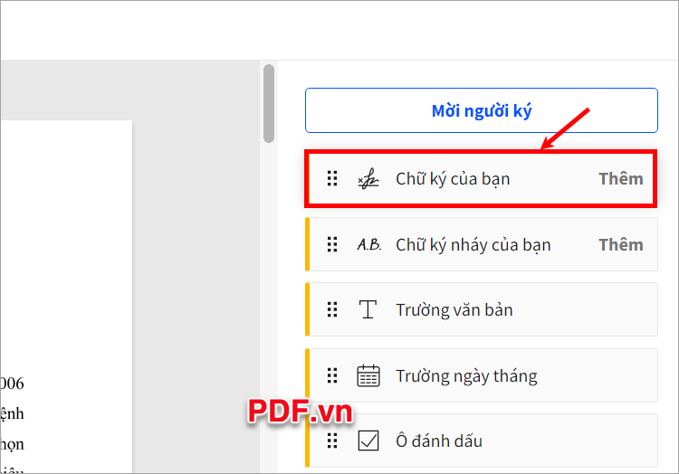 File PDF được mở trên web, bạn chọn Chữ ký của bạn