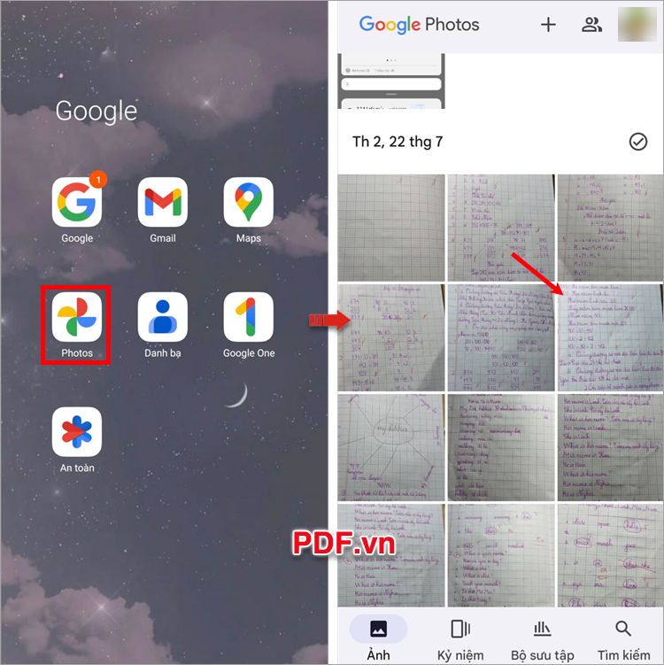 Mở Google Photos trên điện thoại và chọn đến ảnh cần chuyển thành file PDF