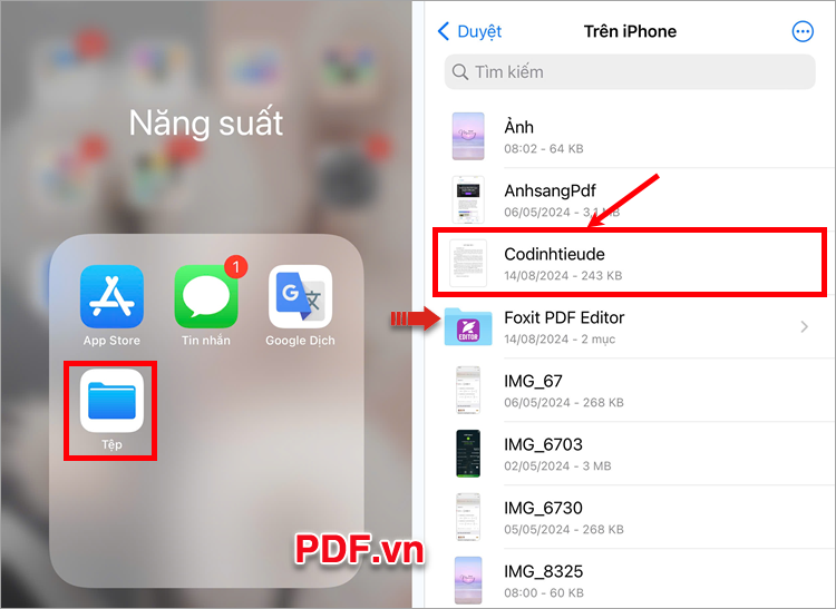 Mở Tệp trên điện thoại của bạn, chọn để mở file PDF cần tạo chữ ký điện tử