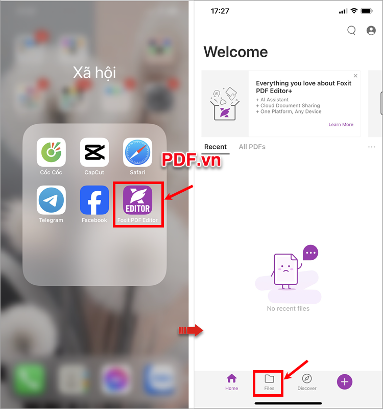 Mở ứng dụng Foxit PDF Editor trên điện thoại, và chọn Files
