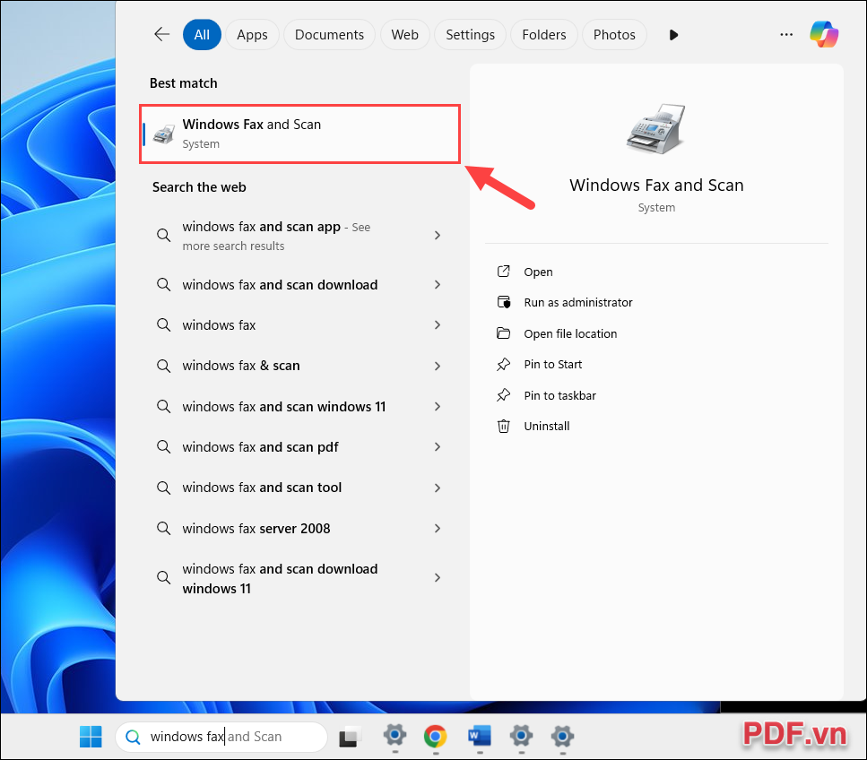 Mở Windows Fax and Scan trong cửa sổ tìm kiếm Start Menu