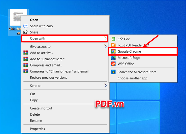 Nhấn chuột phải vào file PDF cần chia nhỏ chọn Open With ➔ Google Chrome