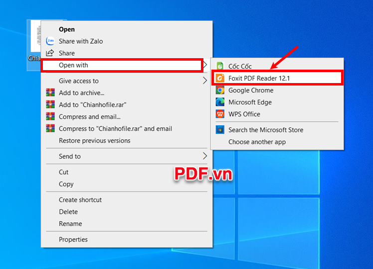 Nhấn chuột phải vào file PDF chọn Open with ➔ Foxit PDF Reader