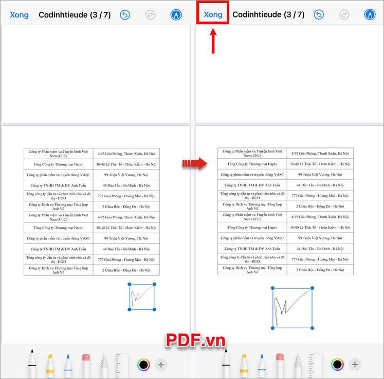 Phóng to thu nhỏ chữ ký tùy ý, Cuối cùng chọn Xong để lưu file PDF