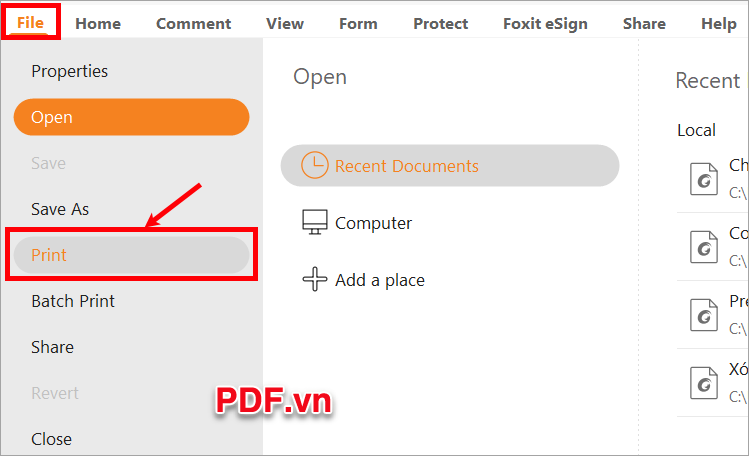 Trên giao diện Foxit PDF Reader, bạn chọn File ➔ Print (hoặc tổ hợp Ctrl + P)