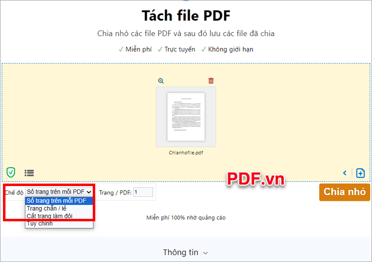 Trong phần Chế độ, bạn lựa chọn kiểu tách file PDF