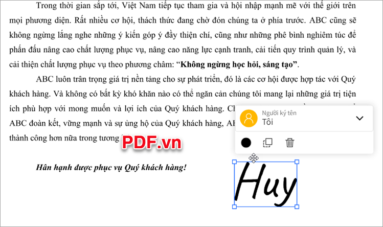 Tùy chỉnh kích thước chữ ký to nhỏ bằng cách kéo vào 4 góc chữ ký