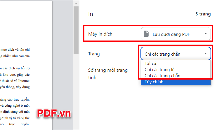 Xuất hiện cửa sổ In, bạn chọn Máy in đích là Lưu dưới dạng PDF