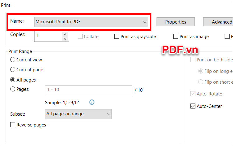 Xuất hiện cửa sổ Print, trong phần Name bạn chọn Microsoft Print to PDF