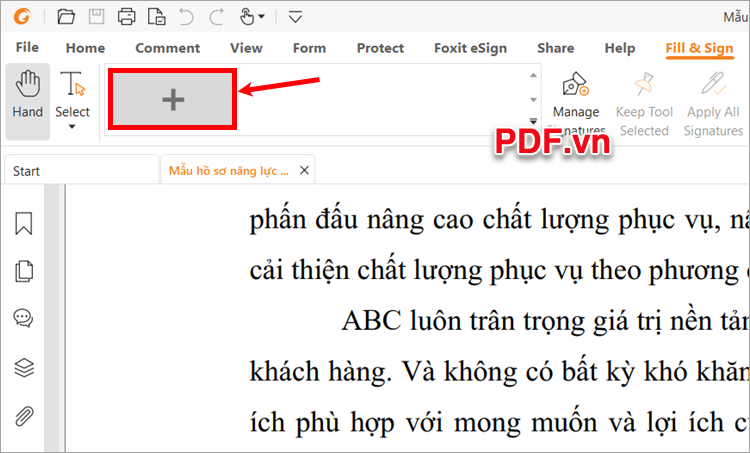 Xuất hiện Fill & Sign, bạn chọn biểu tượng dấu + để thêm chữ ký điện tử cho file PDF