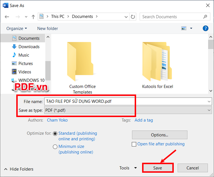 Chọn đến vị trí lưu file PDF, trong phần Save as type đặt tên file PDF trong phần File name