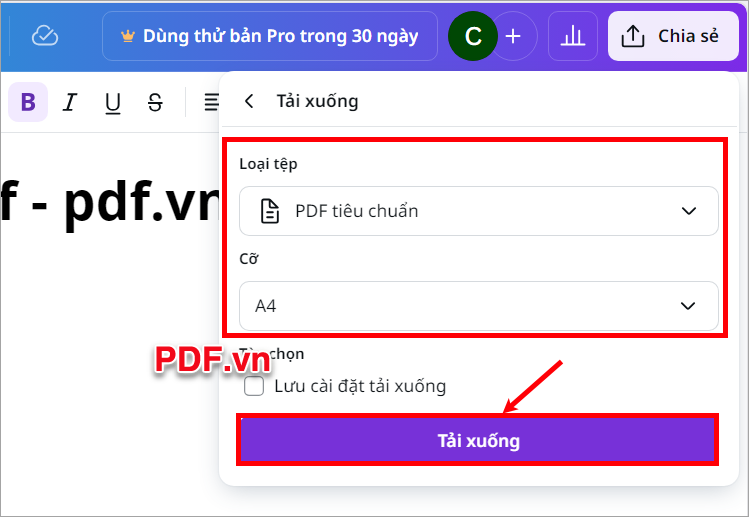 Chọn PDF tiêu chuẩn, chọn Cỡ chữ và chọn Tải xuống để tải file PDF về máy tính