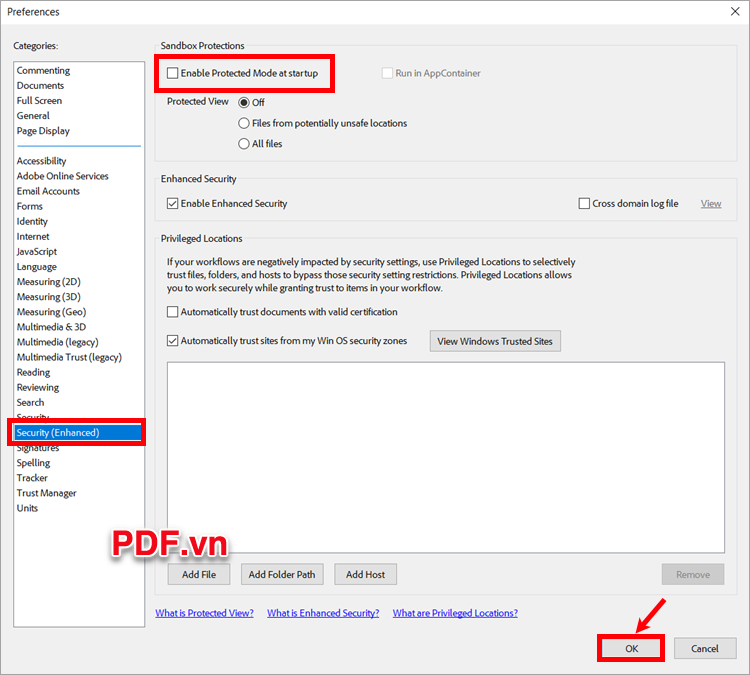 Chọn Security (Enhances), sau đó bỏ tích trong ô vuông cạnh Enable Protected Mode at startup