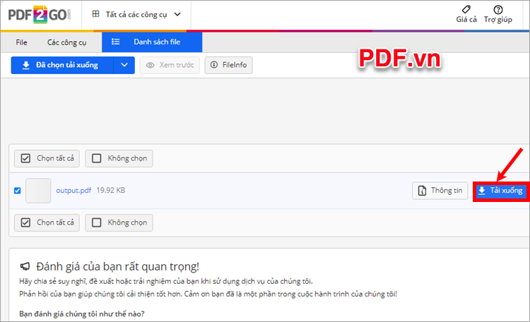 Chọn Tải xuống để tải file PDF của bạn về máy tính