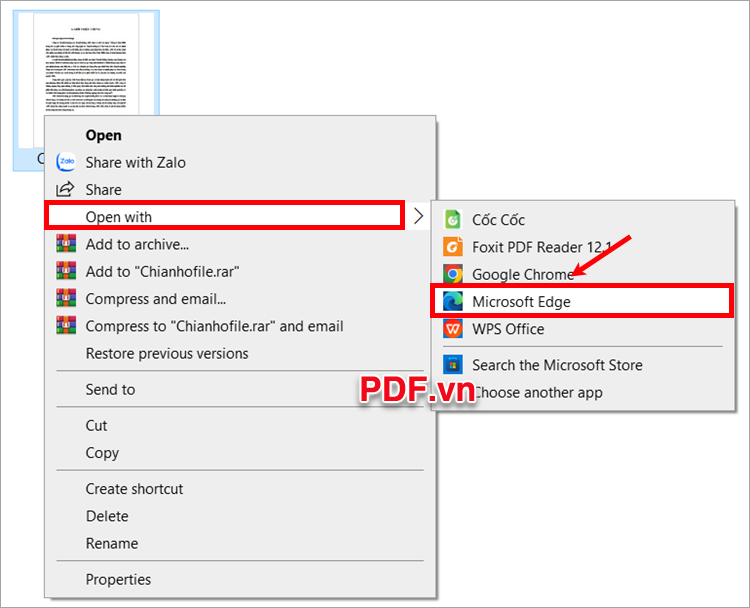 Nhấn chuột phải vào file PDF cần tô màu chữ, chọn Open with - Microsoft Edge