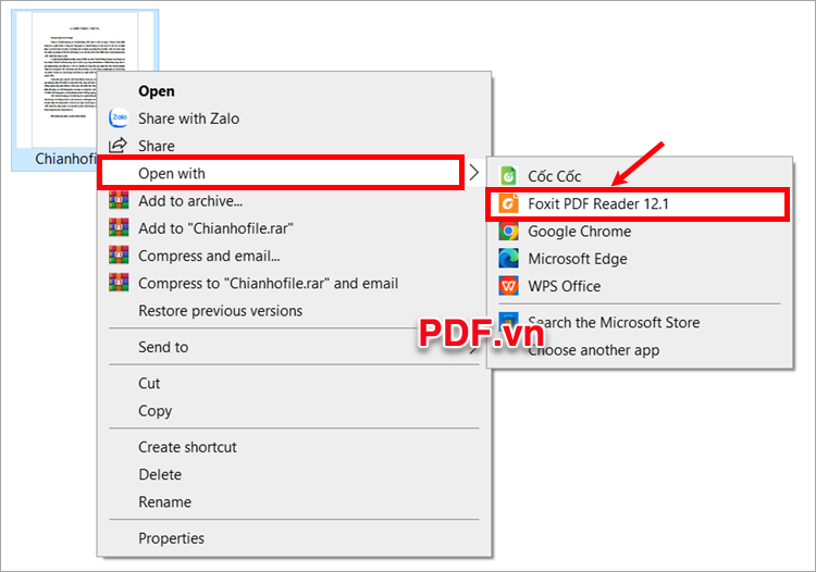 Nhấn chuột phải vào file PDF chọn Open With - Foxit PDF Reader